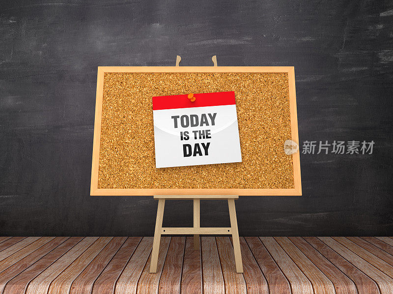画架与今天是一天日历在木板框架-黑板背景- 3D渲染